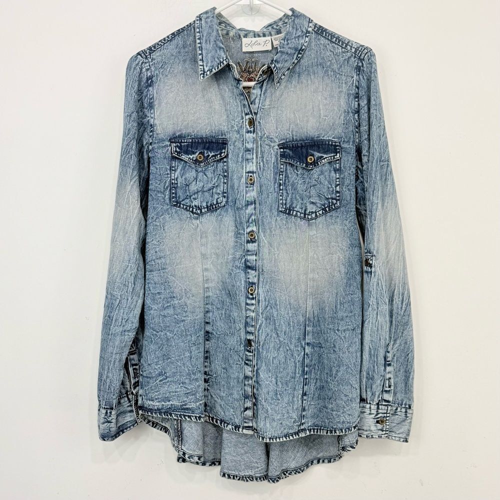 Lola P Embroidered Floral Sparkle Blue Factory Faded Cotton Peplum Tunic Blouse - Picture 8 of 13